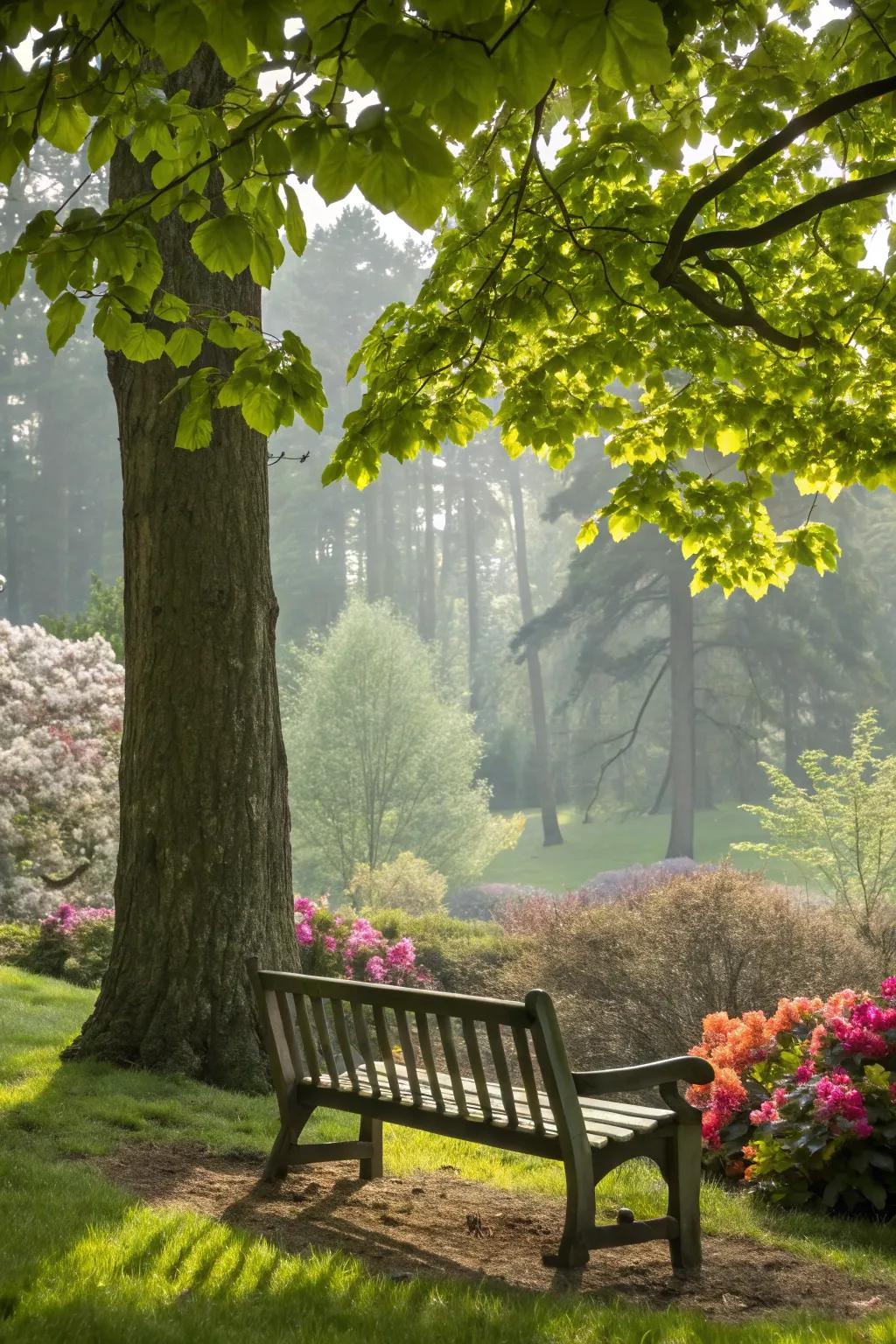 A simple wooden bench presents a tranquil spot to enjoy the outdoors.