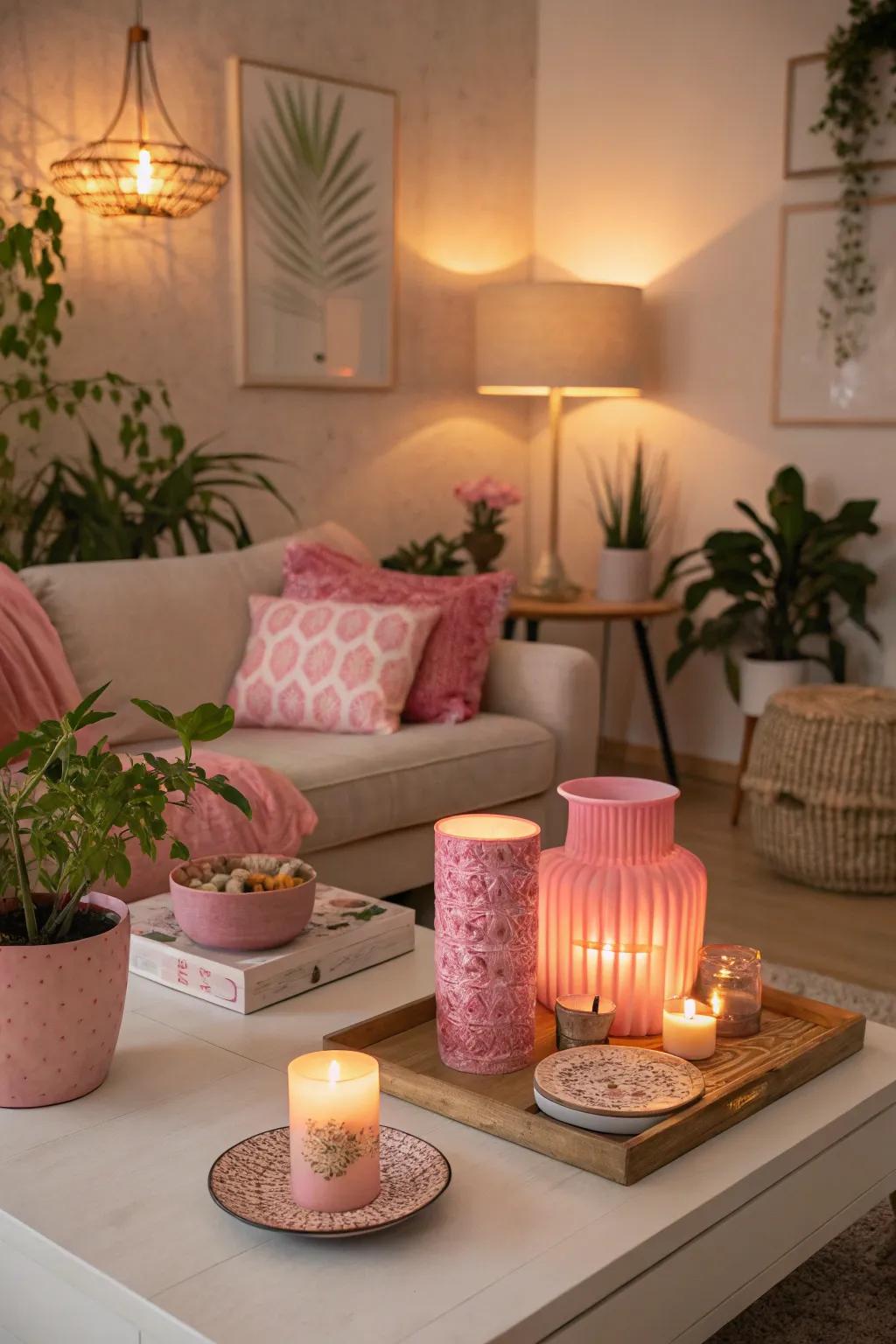 Roseate-toned ambient lighting builds a cozy atmosphere.