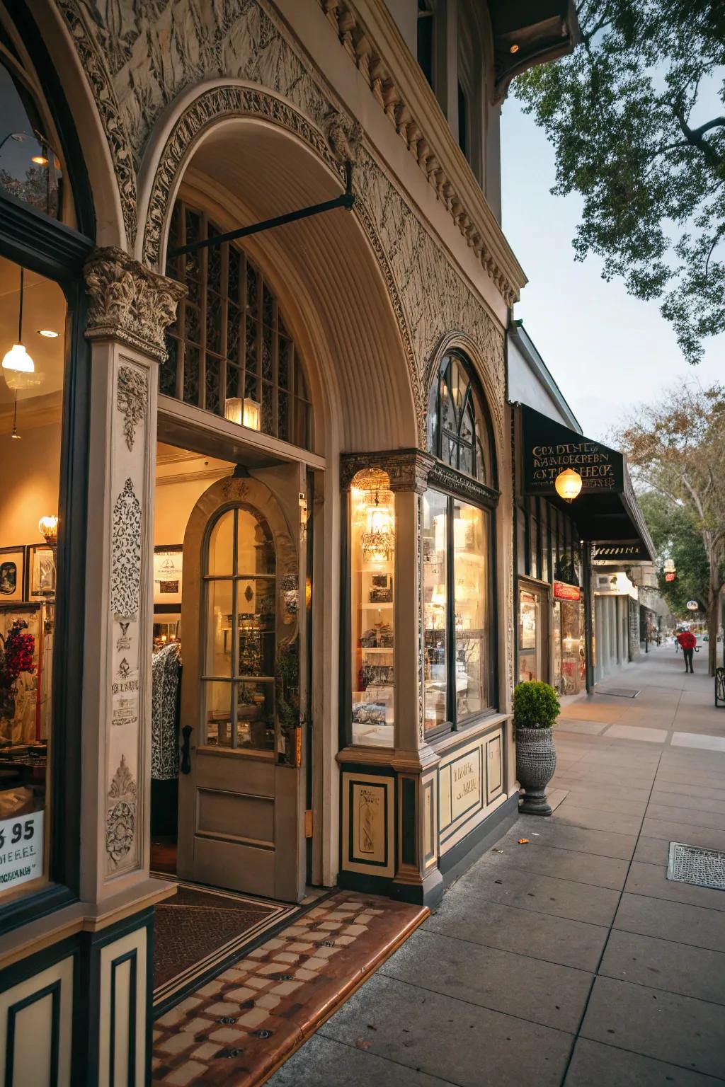 A storefront with distinctive architectural details that add charm and character.