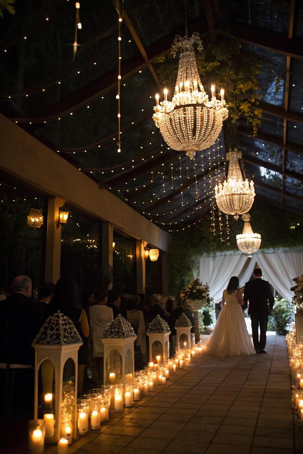 Magical lighting creating a dreamy wedding ambiance.