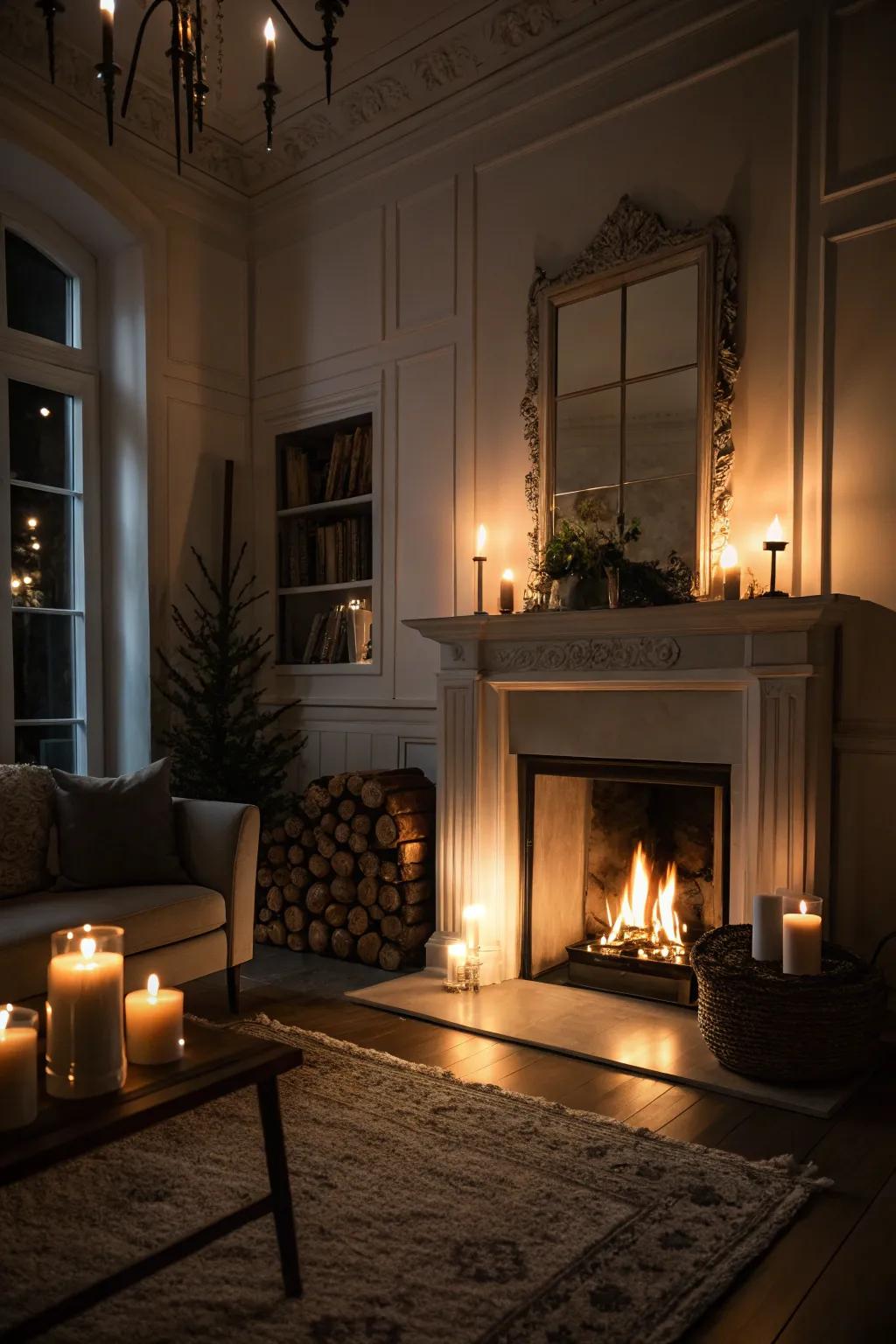 A fireplace changes the room into a cozy hideaway.