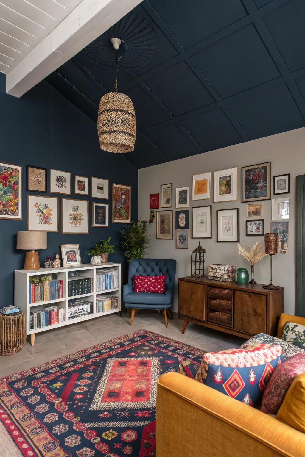 An eclectic room featuring an adaptable deep azure ceiling.