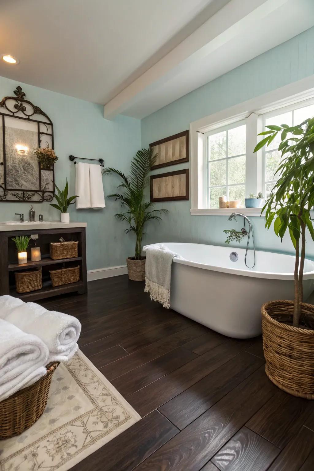 Pale blue walls evoke a sense of calm and freshness.