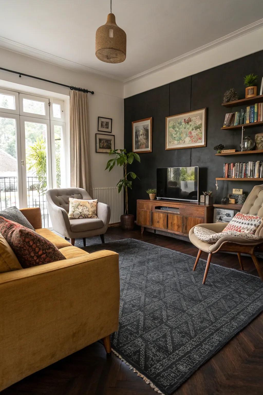 A varied mix of designs surrounding a deep-toned floor covering.