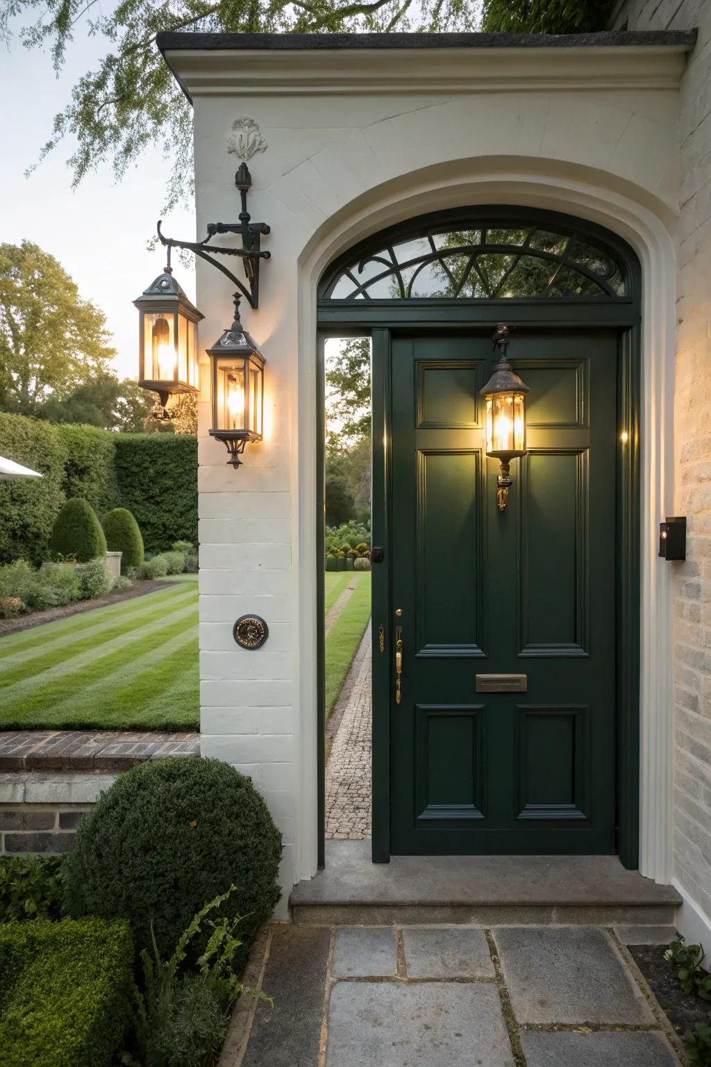 Wall-mounted sconces illuminate the entrance, adding charm and character.