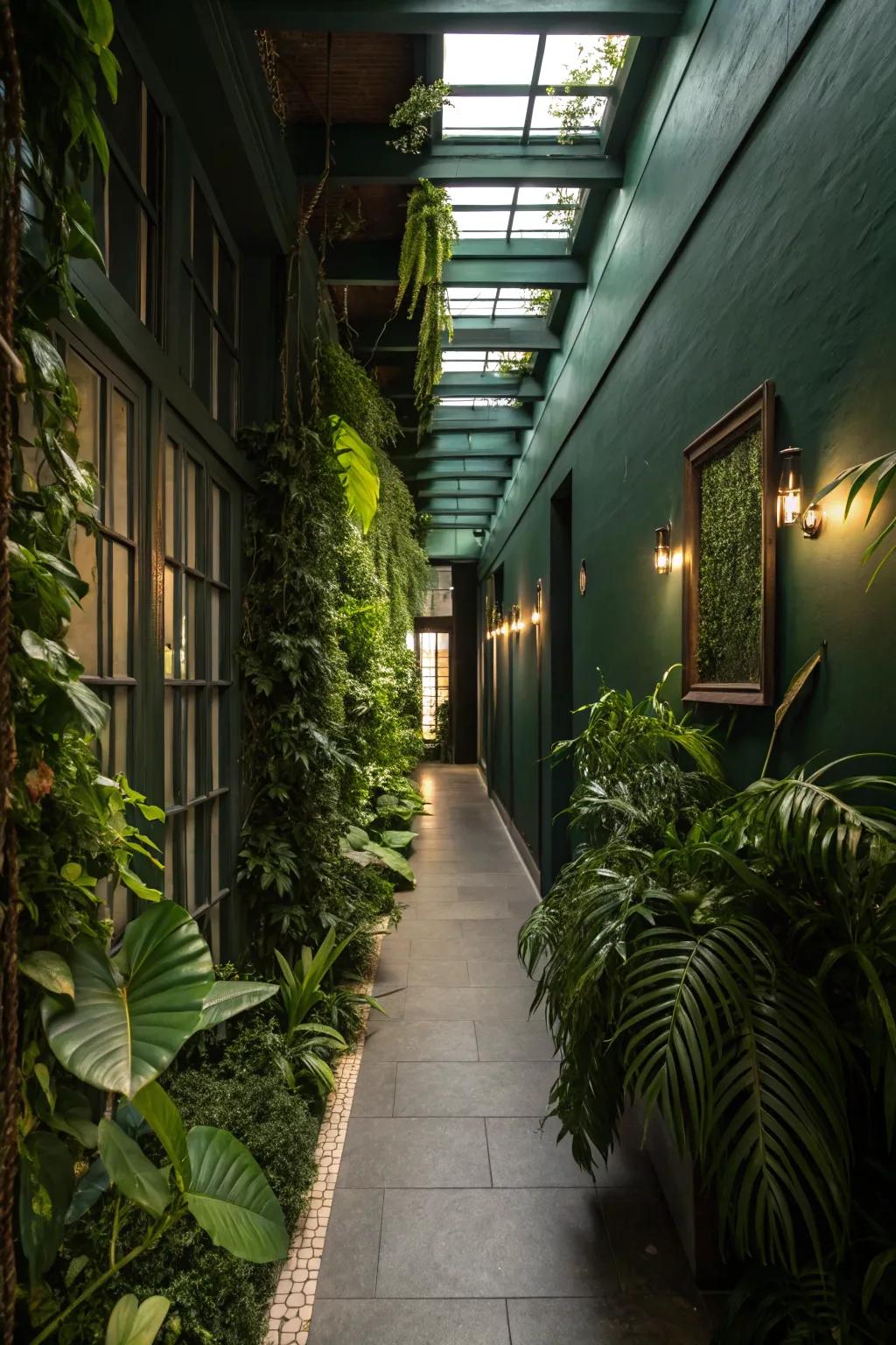 Plants add natural texture to this dark green hallway.