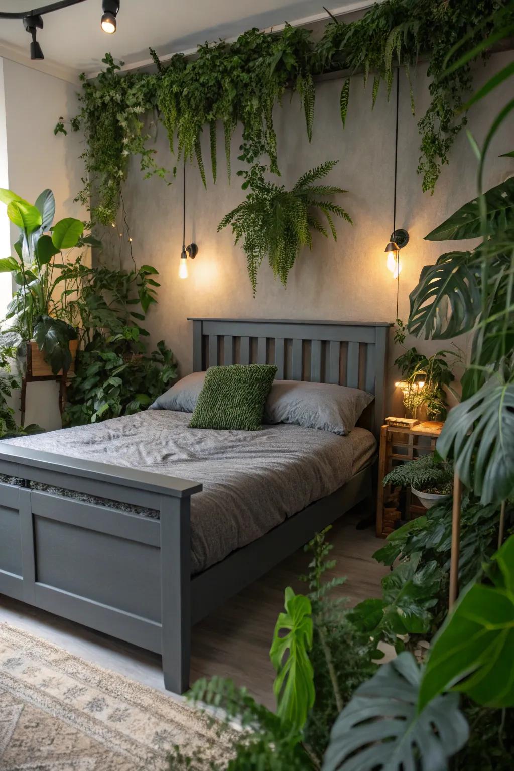 A bedroom with a deep charcoal bed frame benefits from the vitality and contrast that greenery provides.