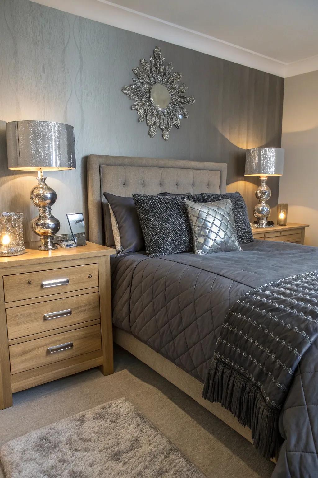 Radiant touches add sophistication and glamour to deep charcoal bedding.