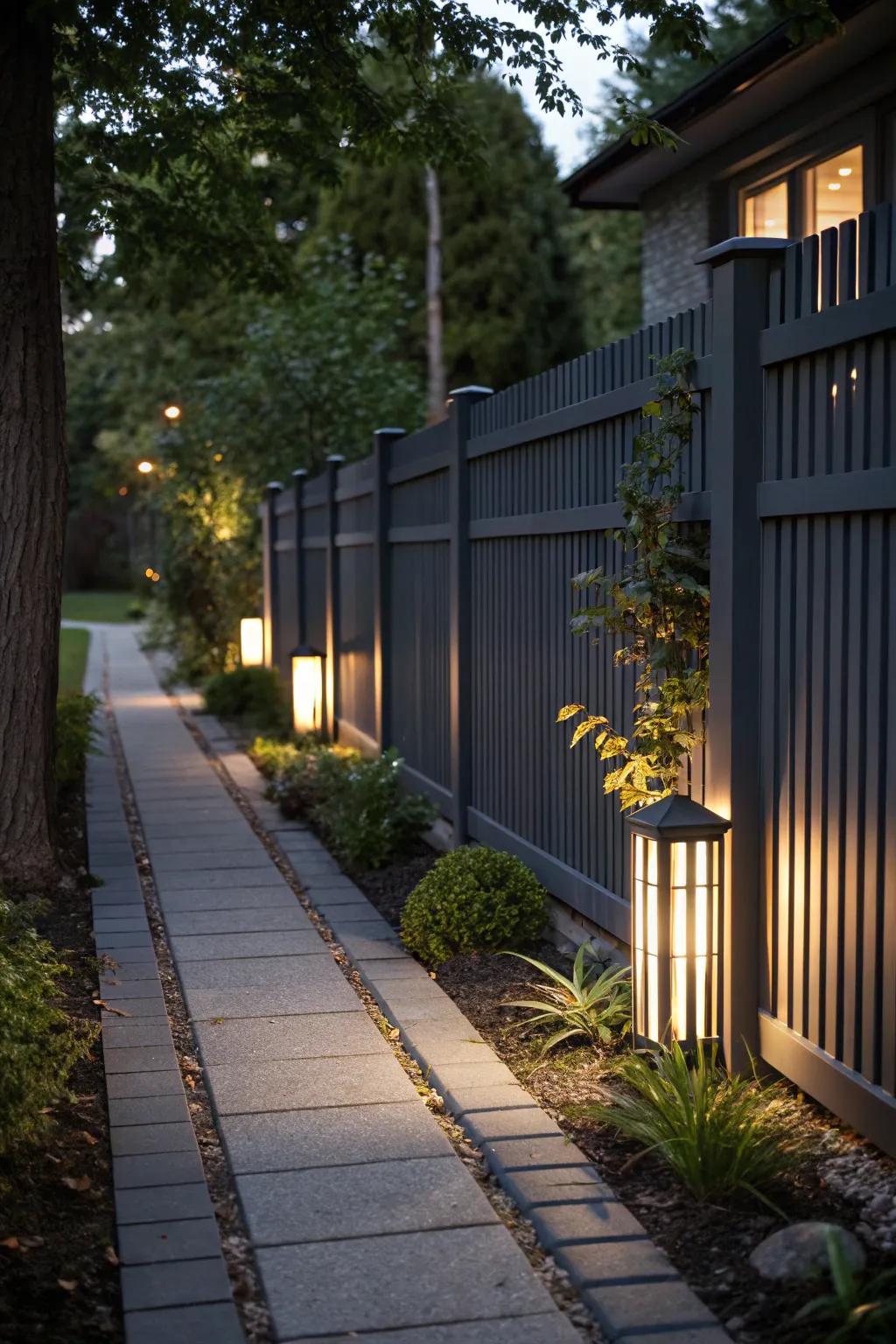Exterior lighting on a deep charcoal barrier creates captivating light and shadow effects.