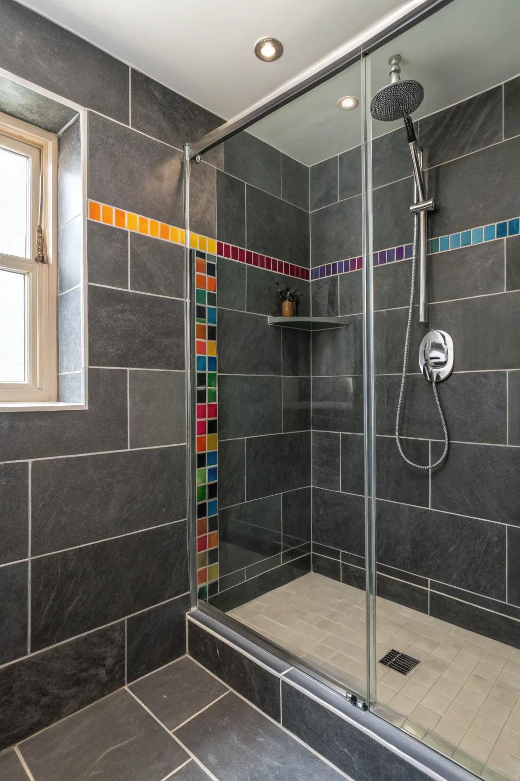 The sophisticated grey backdrop is brightened with a pop of color.