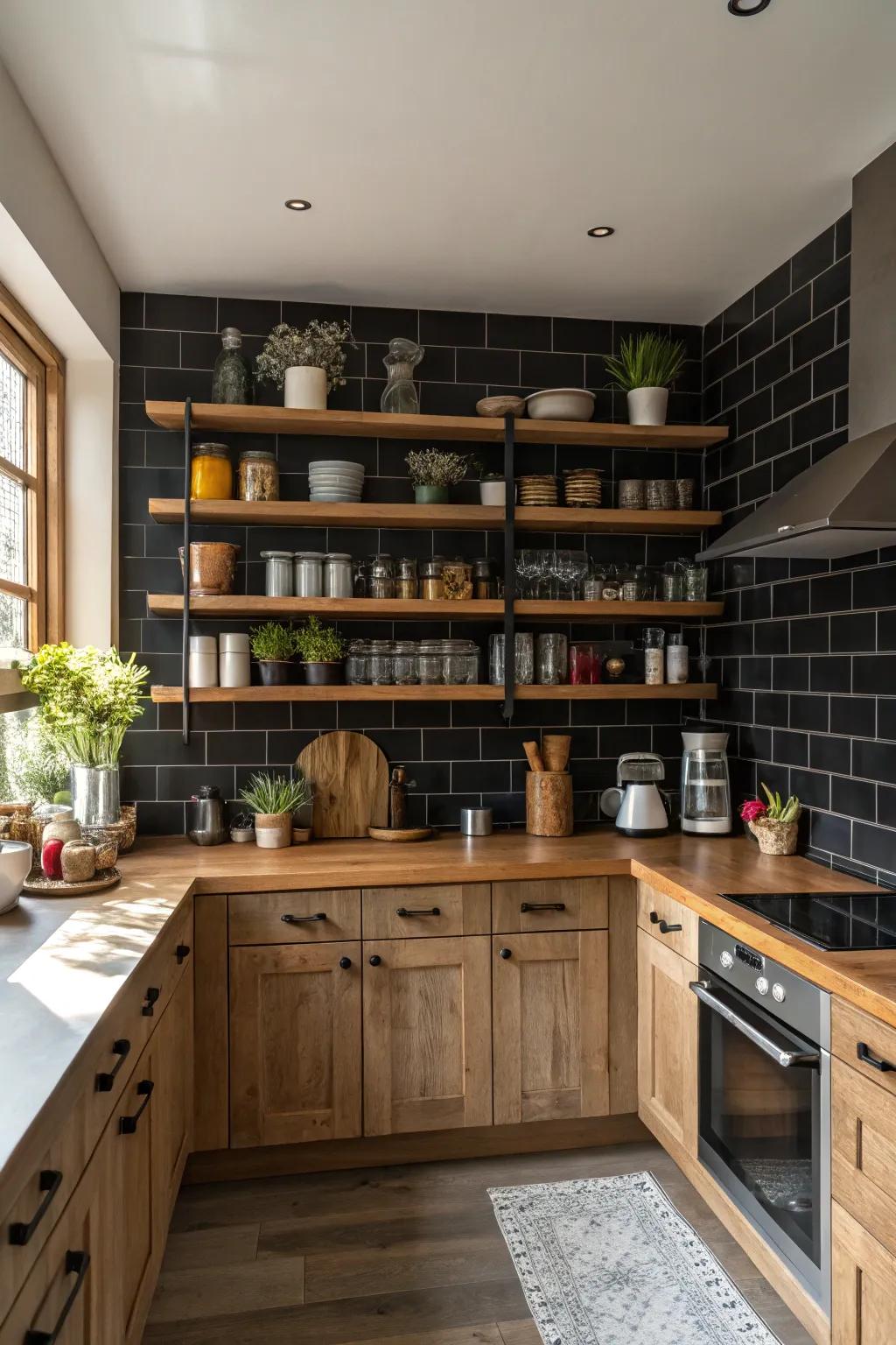 A dark backsplash kitchen with open wooden shelves for displaying decorative items.