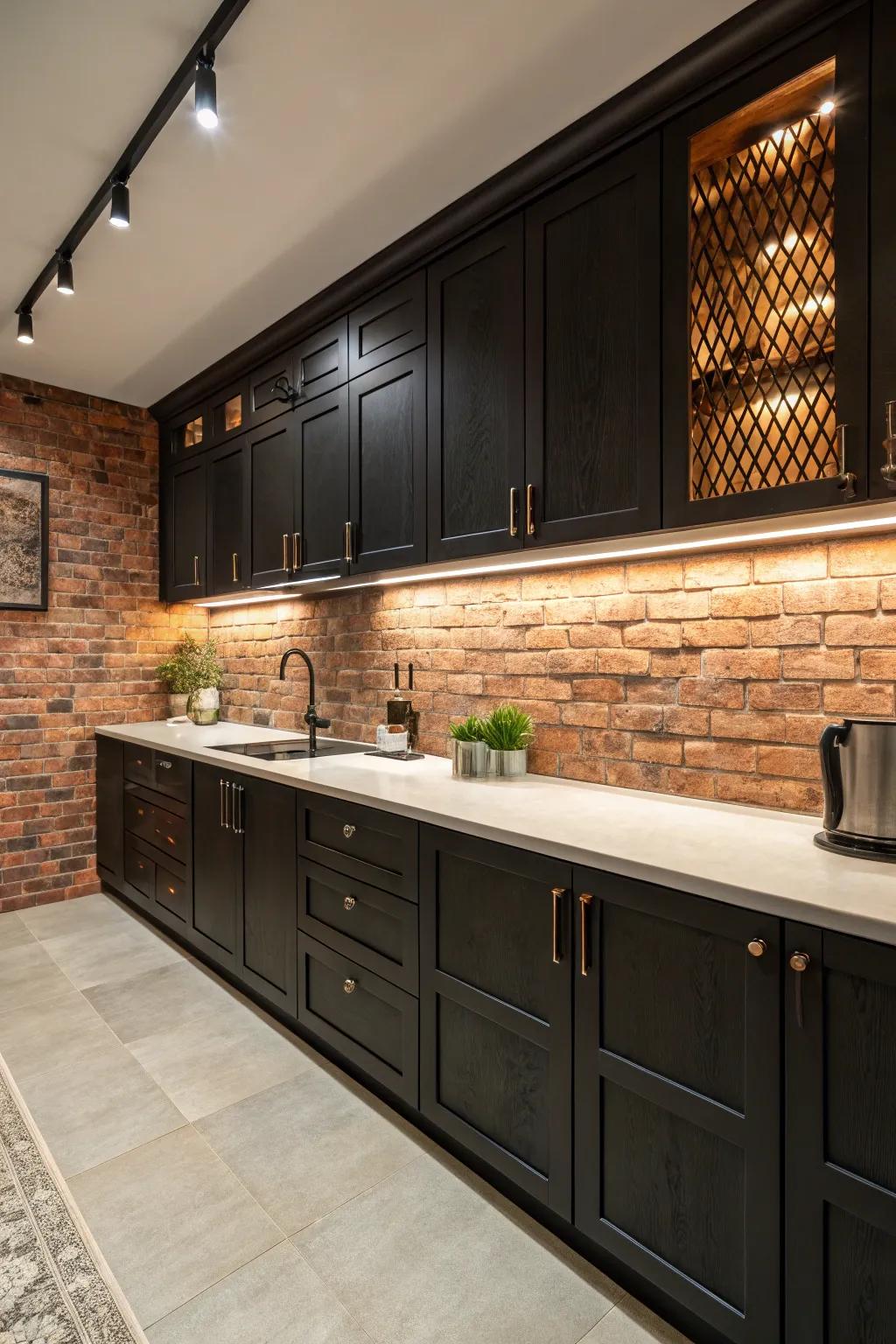 A textured brick backsplash adds depth and visual interest to the kitchen.