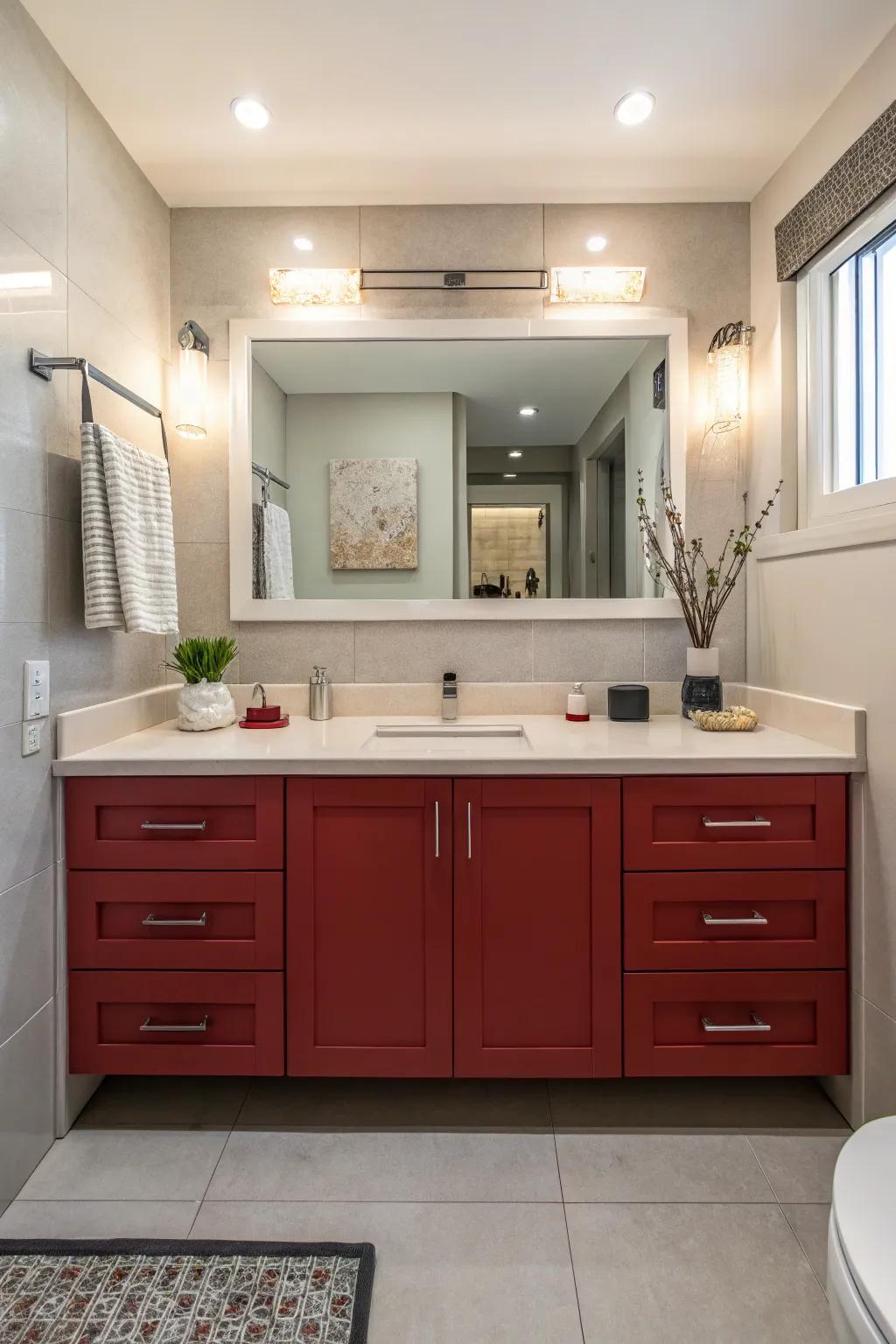 A bold red vanity acts as a striking centerpiece in the bathroom.
