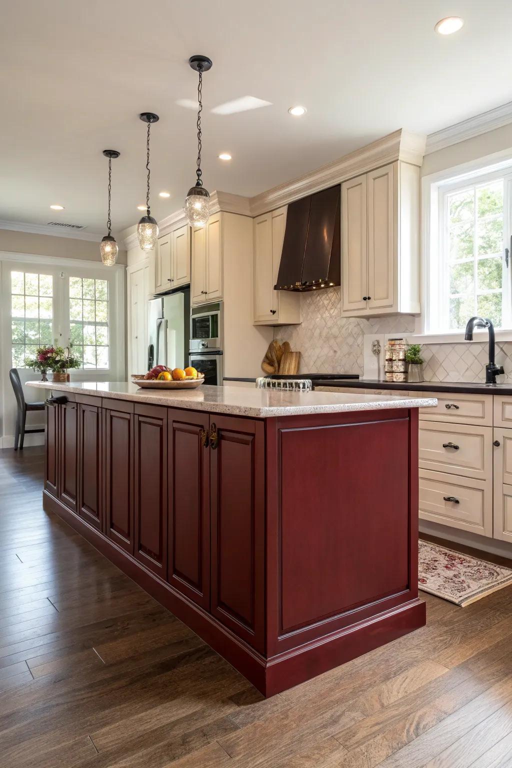 Bold kitchen island in dark red cabinetry.