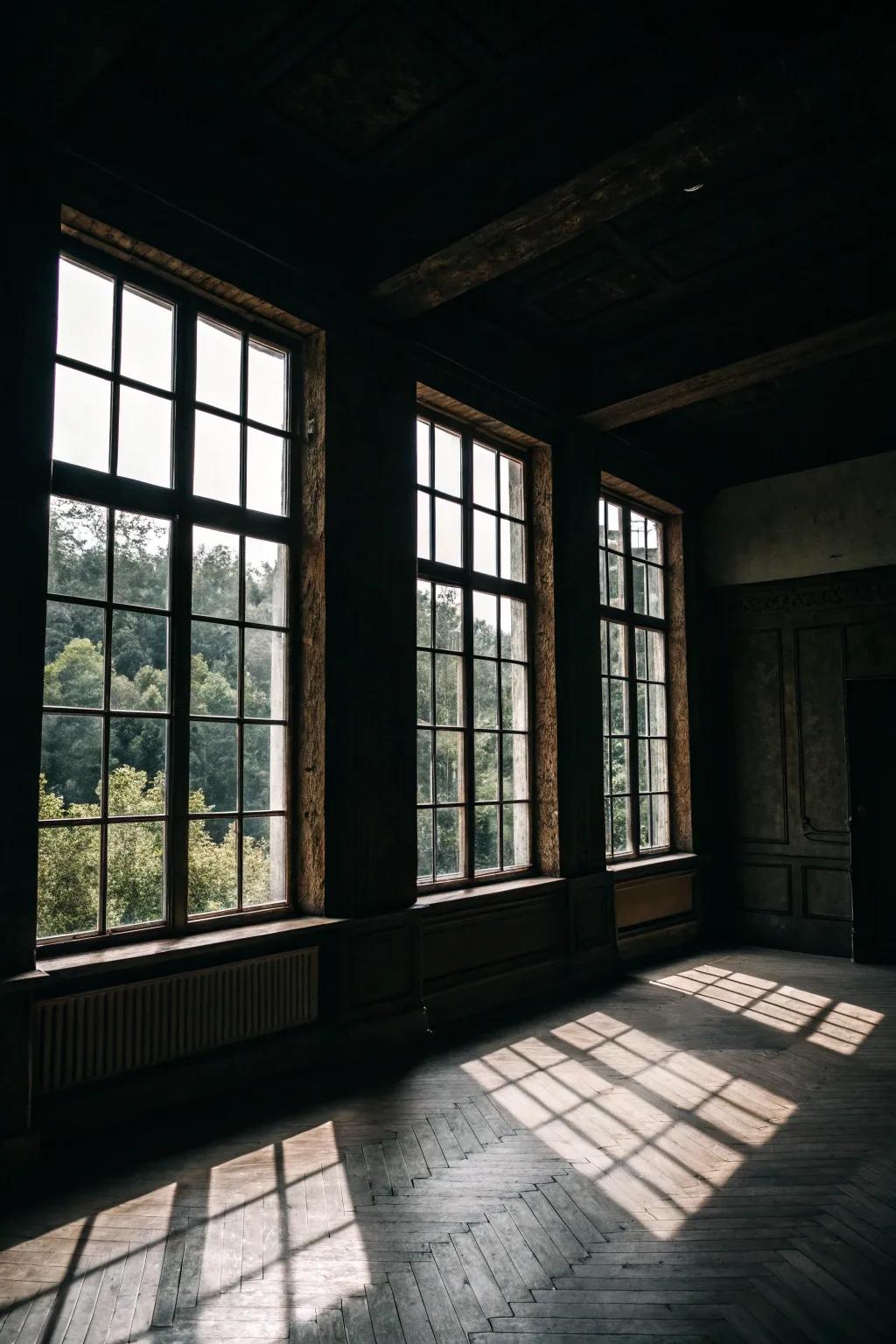 A room with expansive windows allowing natural light.