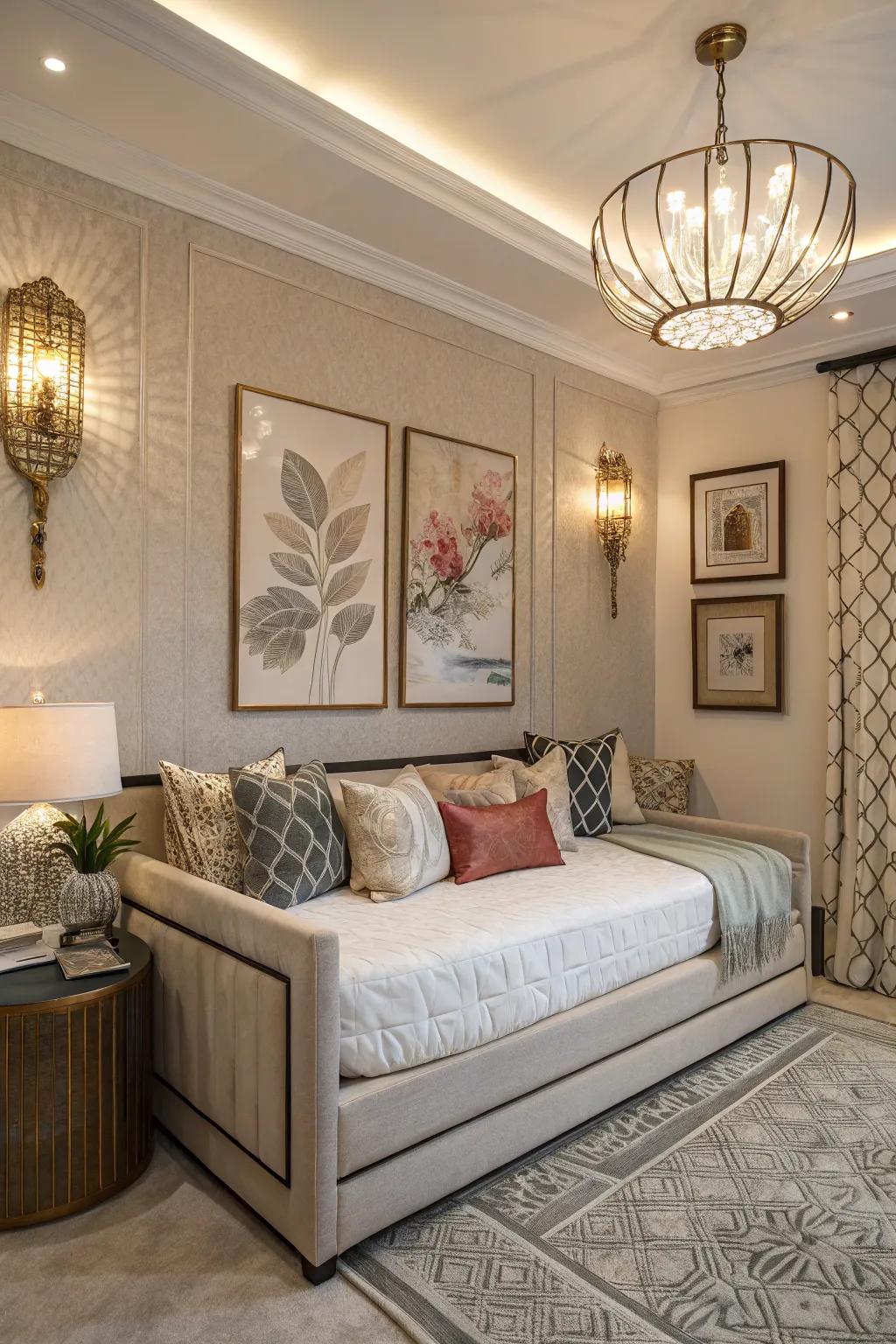 Daybed matched with artwork and unique lighting