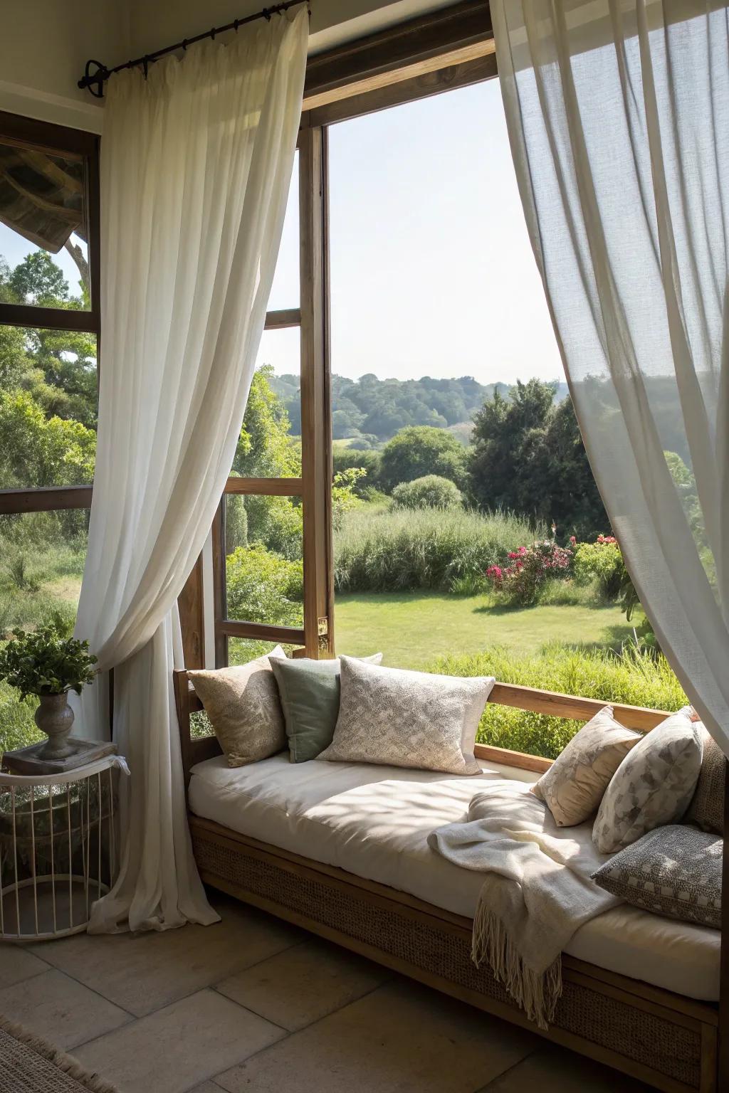 A daybed ideally situated by a window, providing scenic views and natural light.