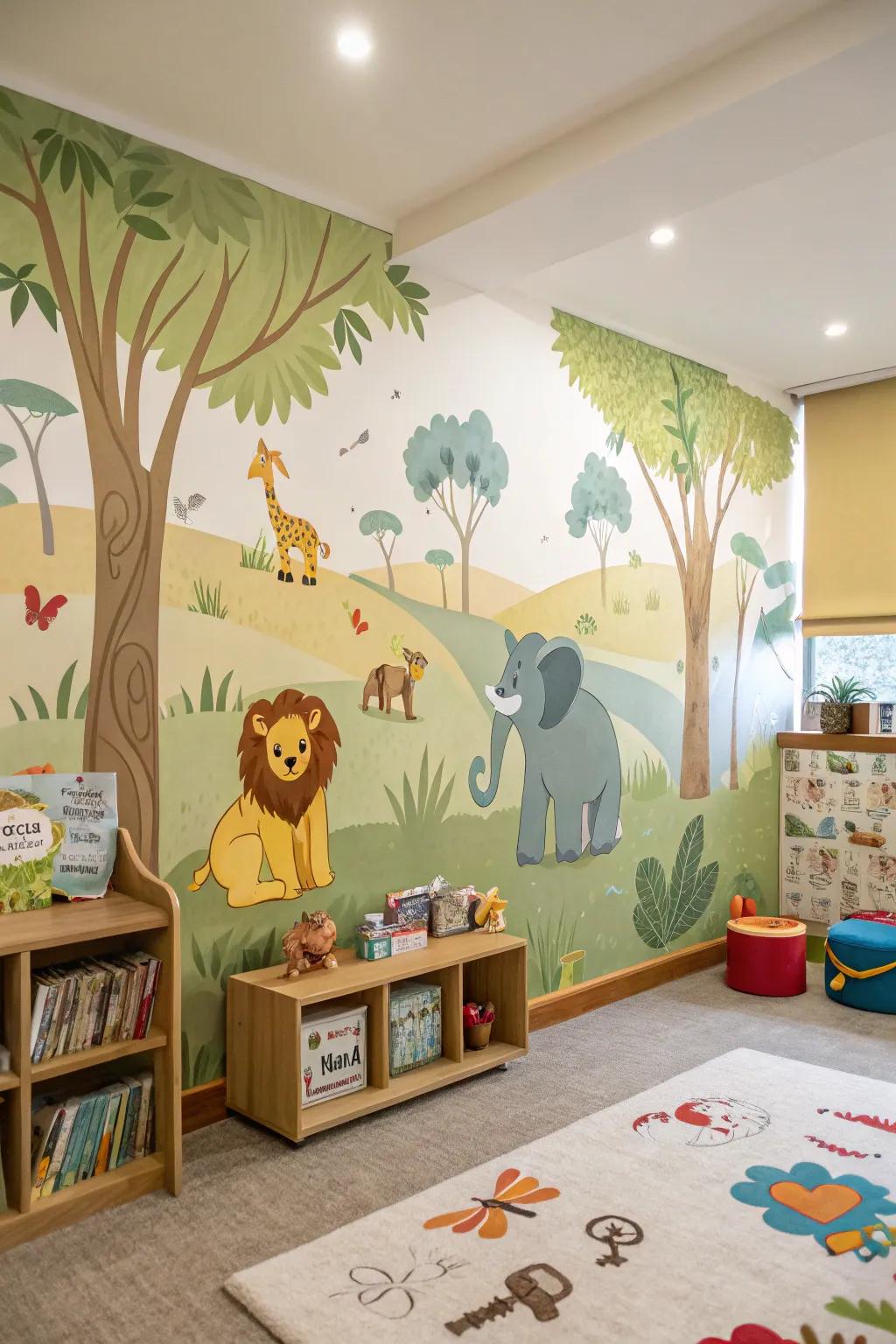 A daycare space with lively creature-themed wallpaper.