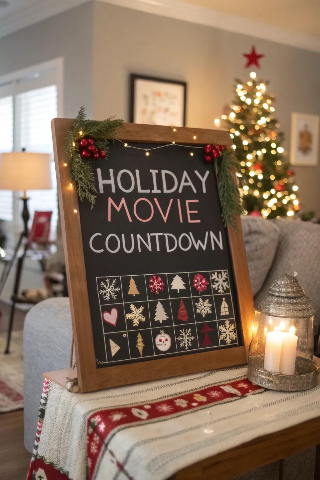A holiday flick-themed chalkboard calendar for cozy nights in.