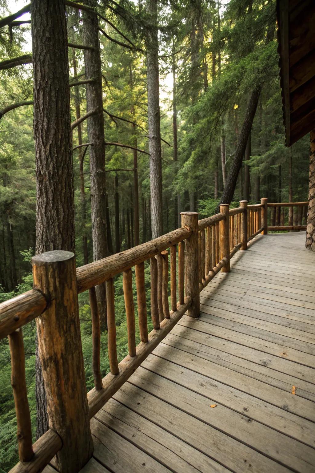 Rough-hewn timber railings offer genuine and timbered allure.