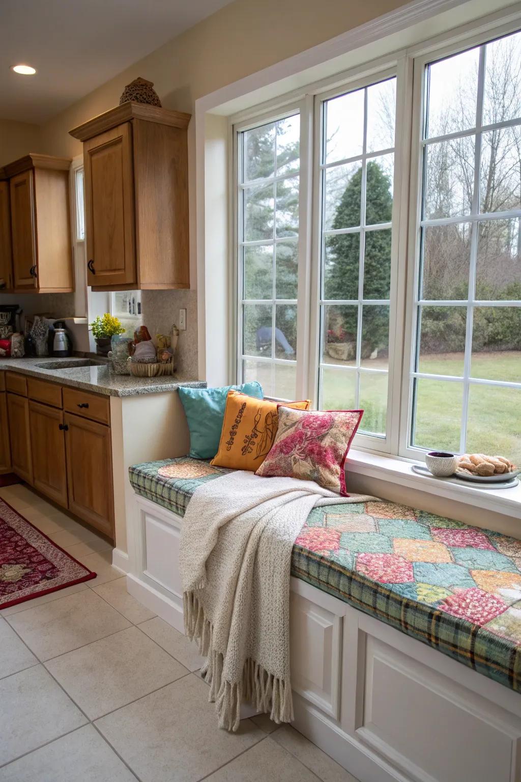 A cozy window bench inspires relaxation in the kitchen.