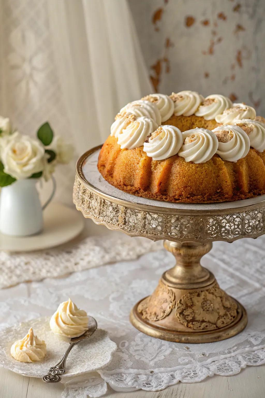 A bundt cake gracefully topped with swirls of whipped cream.