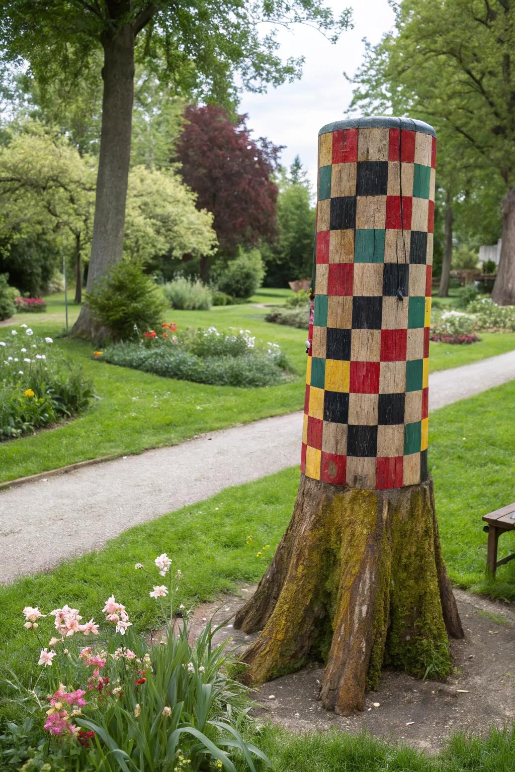 Delight in board games outdoors using a tree stump game table.