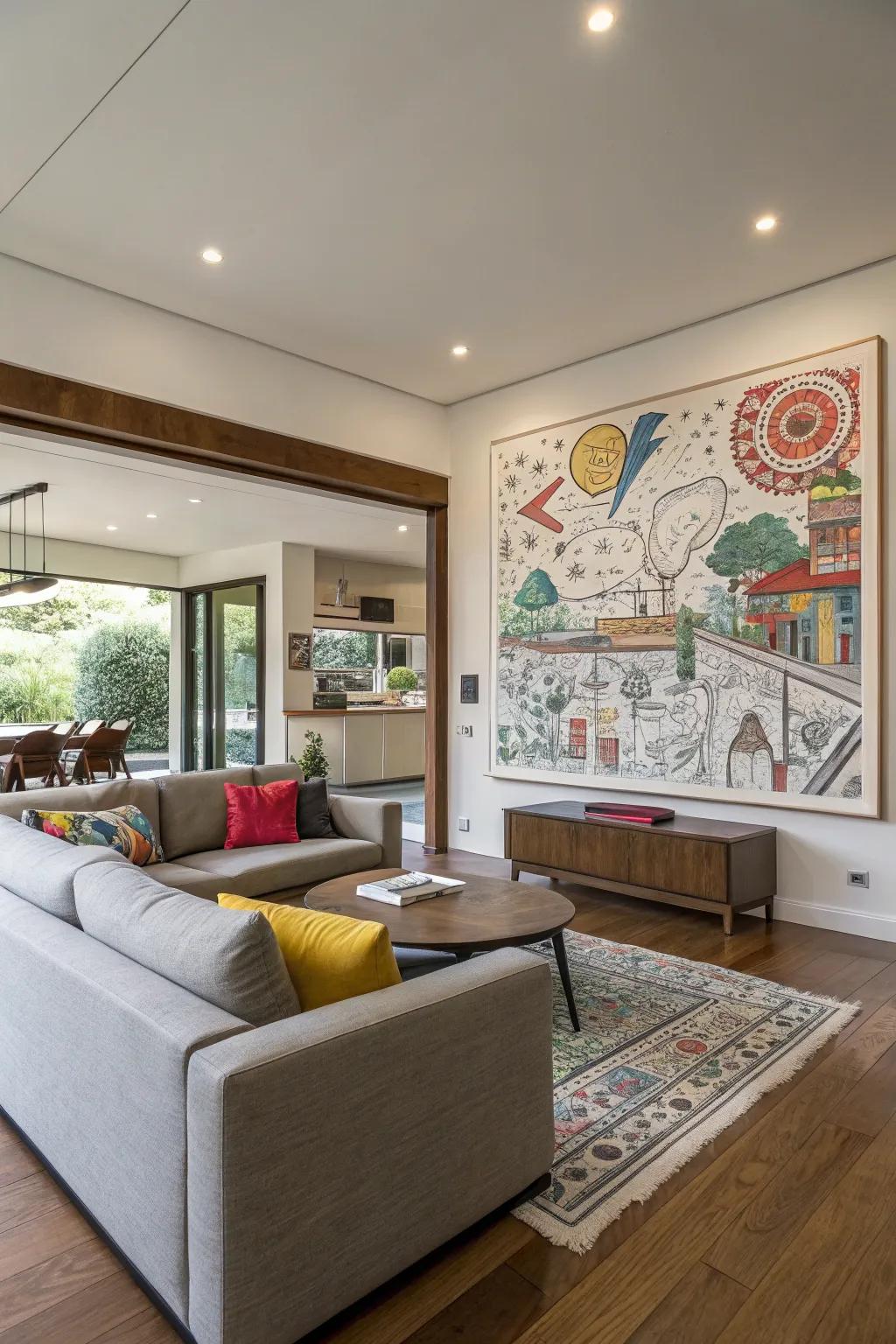 A modern living room featuring a colorful aesthetic graphic drawing.