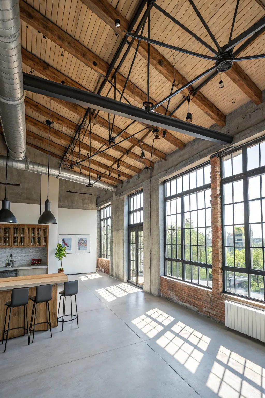 Mixing metal and wood beams creates a chic industrial vibe.