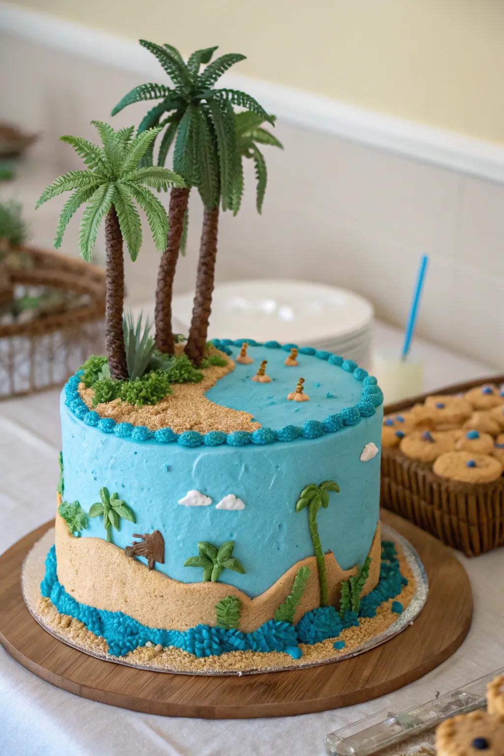 Cake beautified with an arid garden theme, featuring blue icing and sweet palm trees.