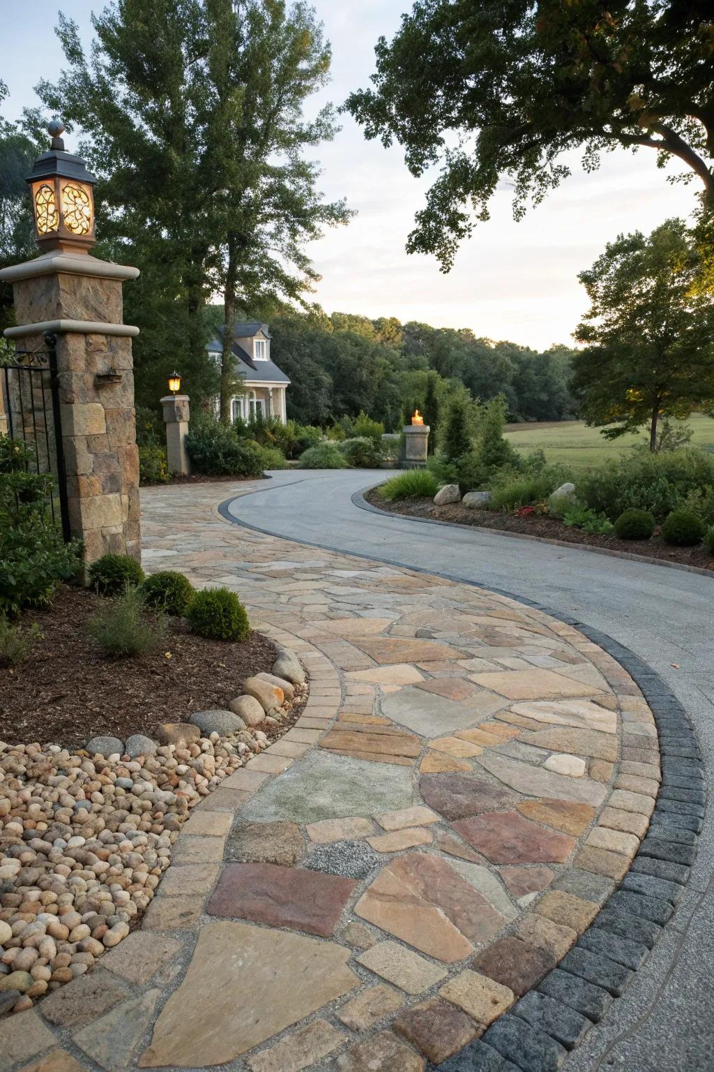Natural stone brings sophistication and uniqueness to this exquisitely designed driveway.