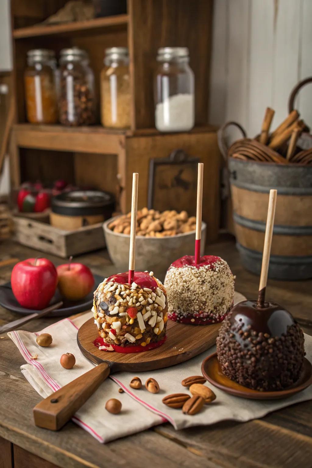 Whimsical gourmet sugar-coated apples ideal for any occasion.