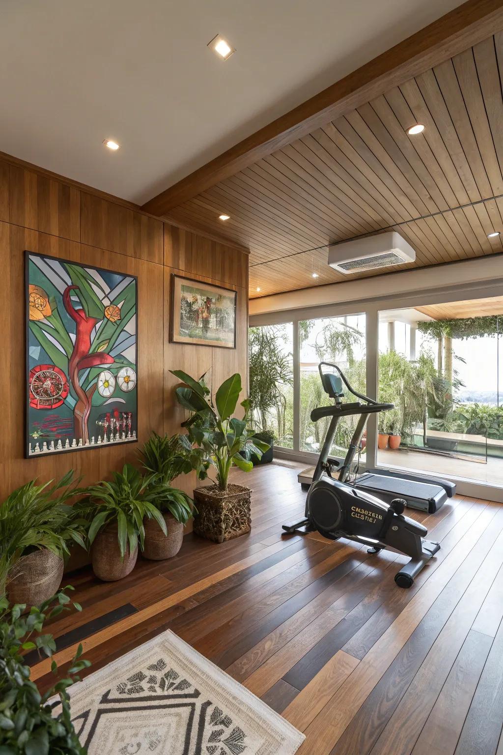 A stylish home gym with wood accents and art, providing a warm and inviting setting.