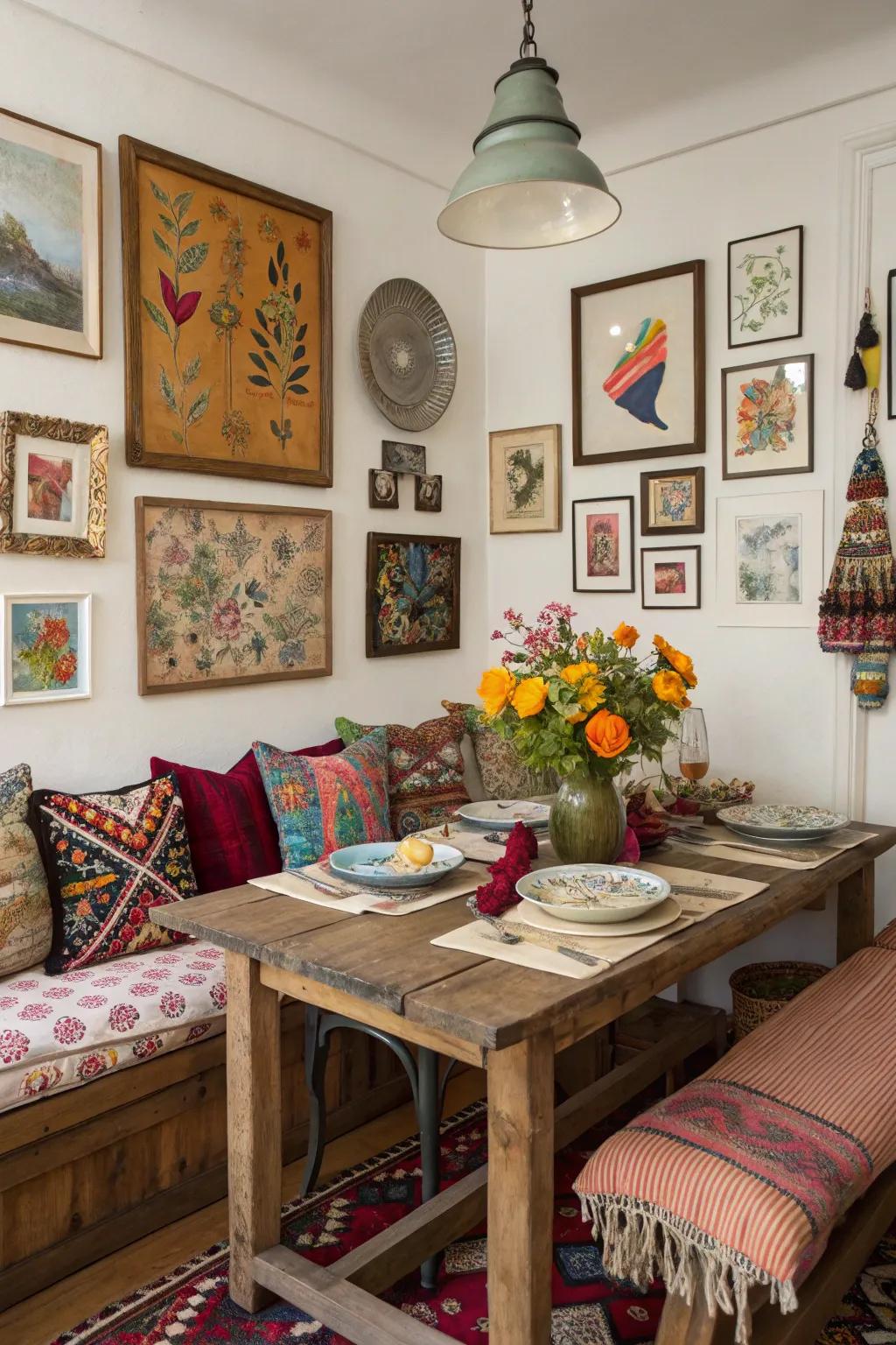 Unique accessories adding charm and a personal touch to the dining space.