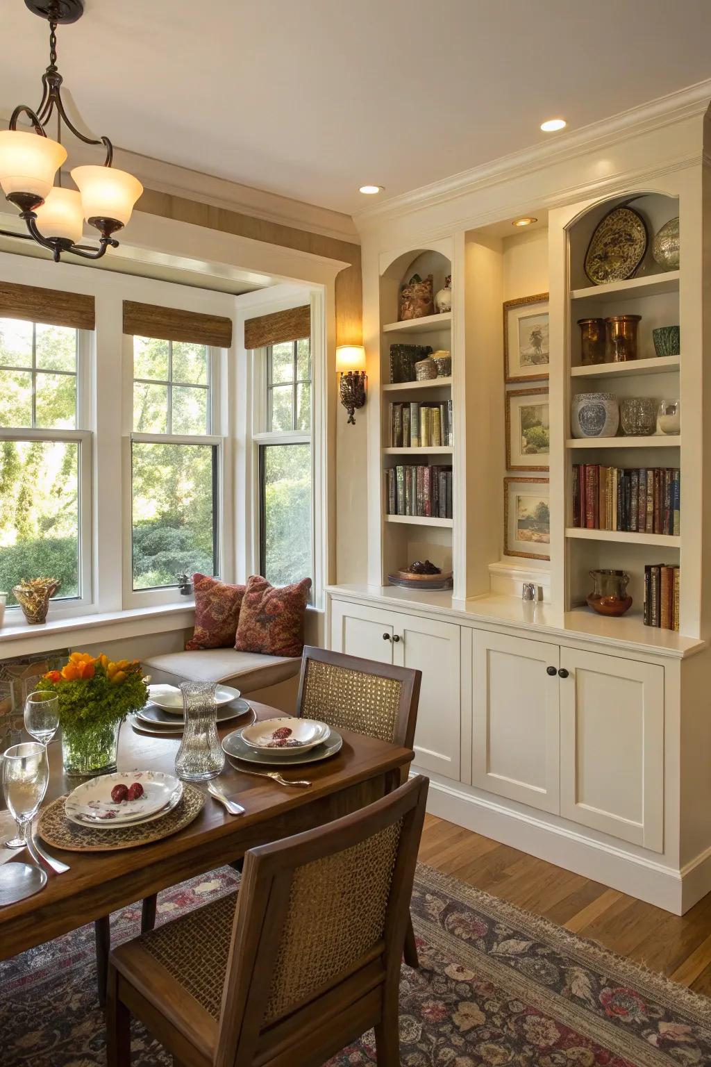 Niches and integrated units add both storage and decorative elements to your dining room.