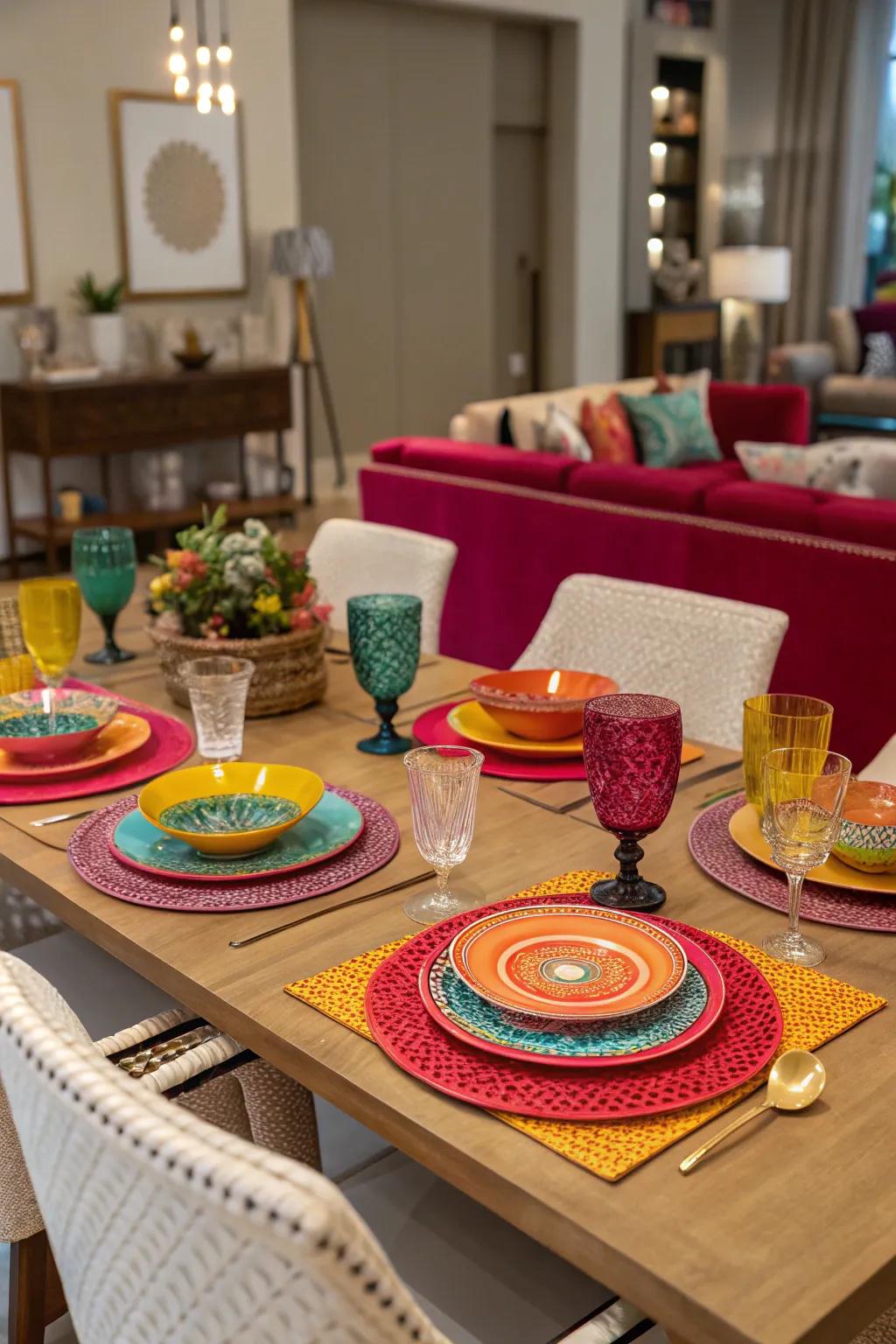 A dining table exhibiting strong, harmonious colors in its decorations.