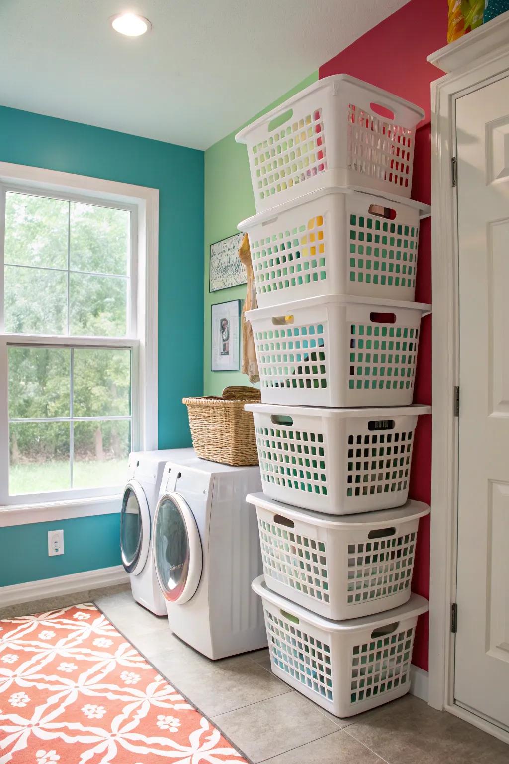 Maximize vertical space using stacked laundry baskets.
