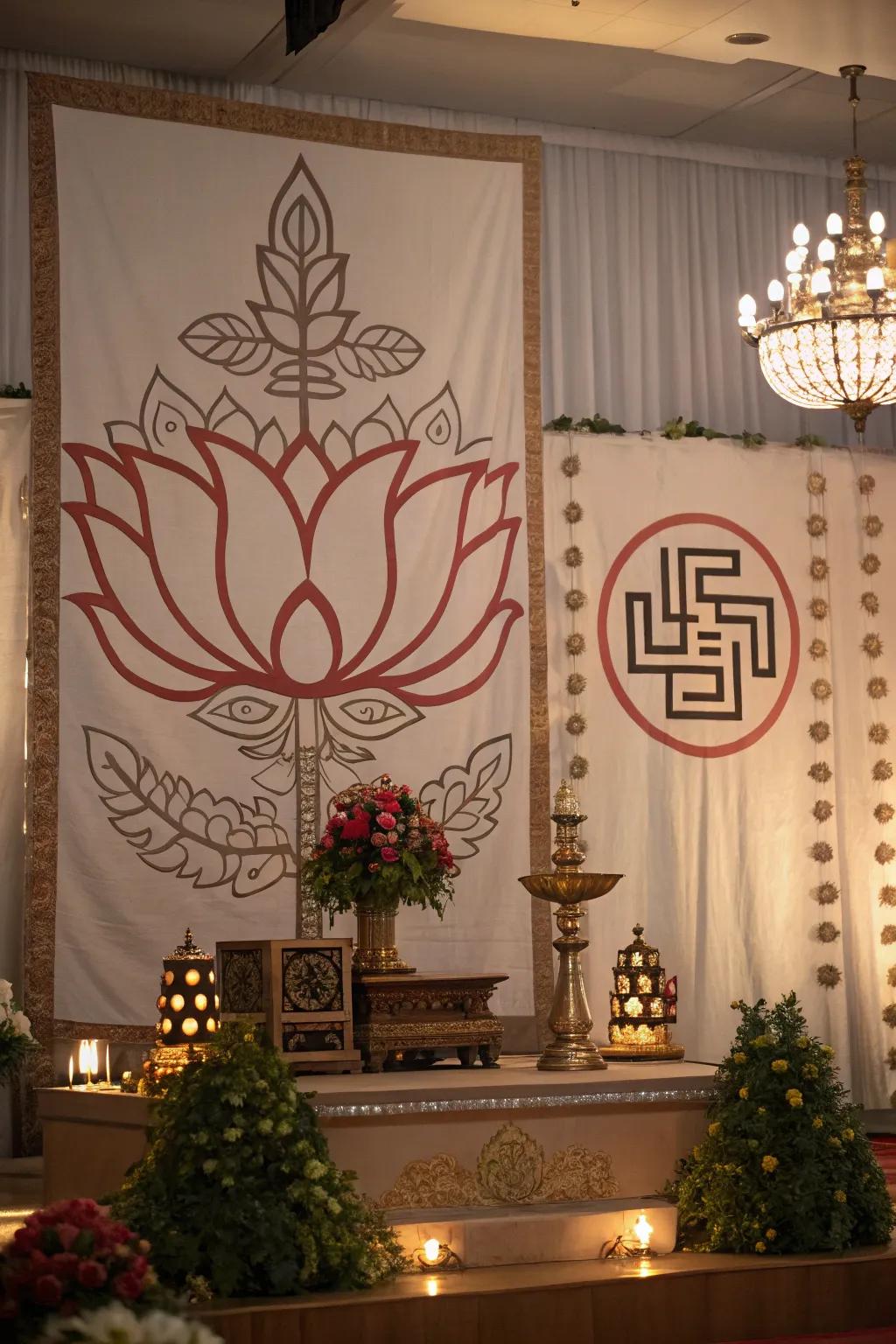 Traditional symbols convey cultural profundity to the backdrop.