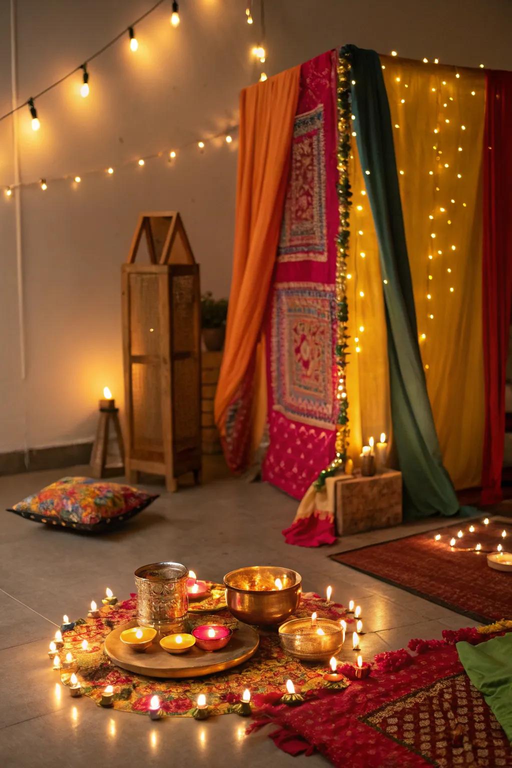 Traditional earthen lamps providing a quintessential Diwali ambiance.