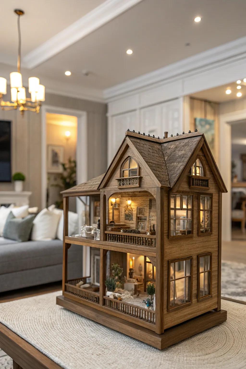Timber finishes enhance the beauty of dollhouse presentations.