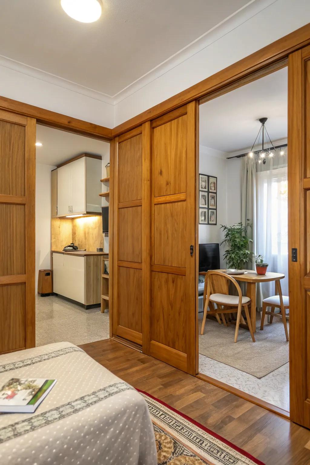 Warm wooden panel doors enhance the cozy ambiance of this versatile studio apartment.