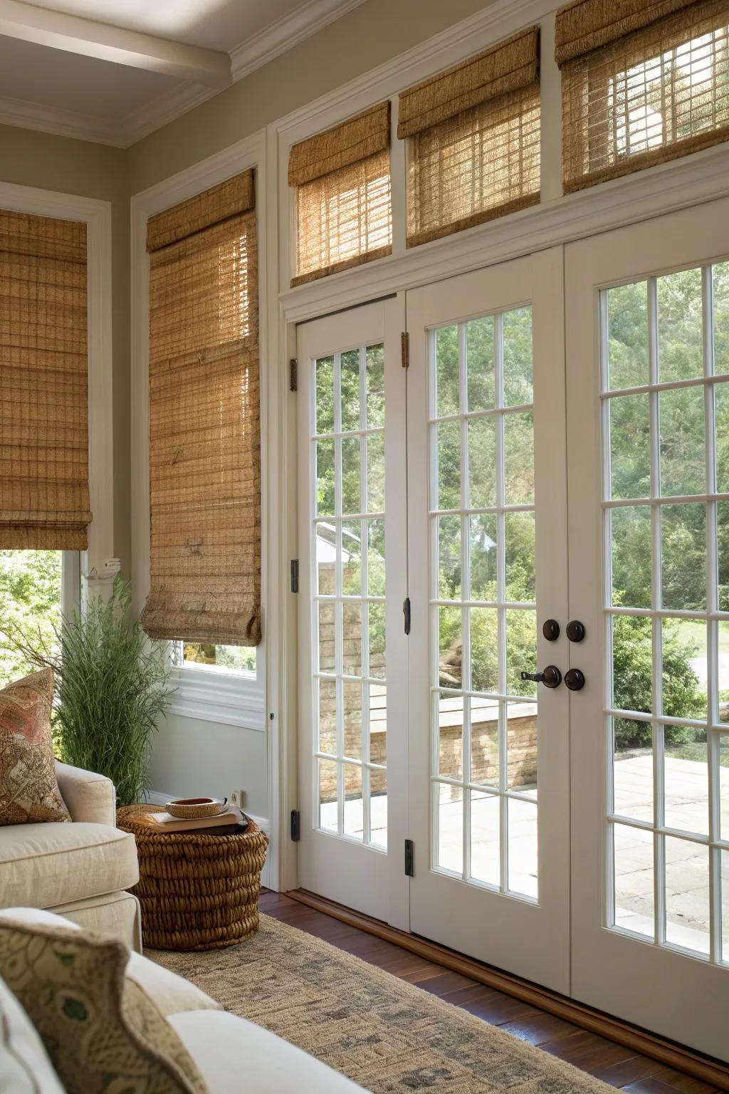 Cane weaves add texture and seclusion to door windows with an organic touch.
