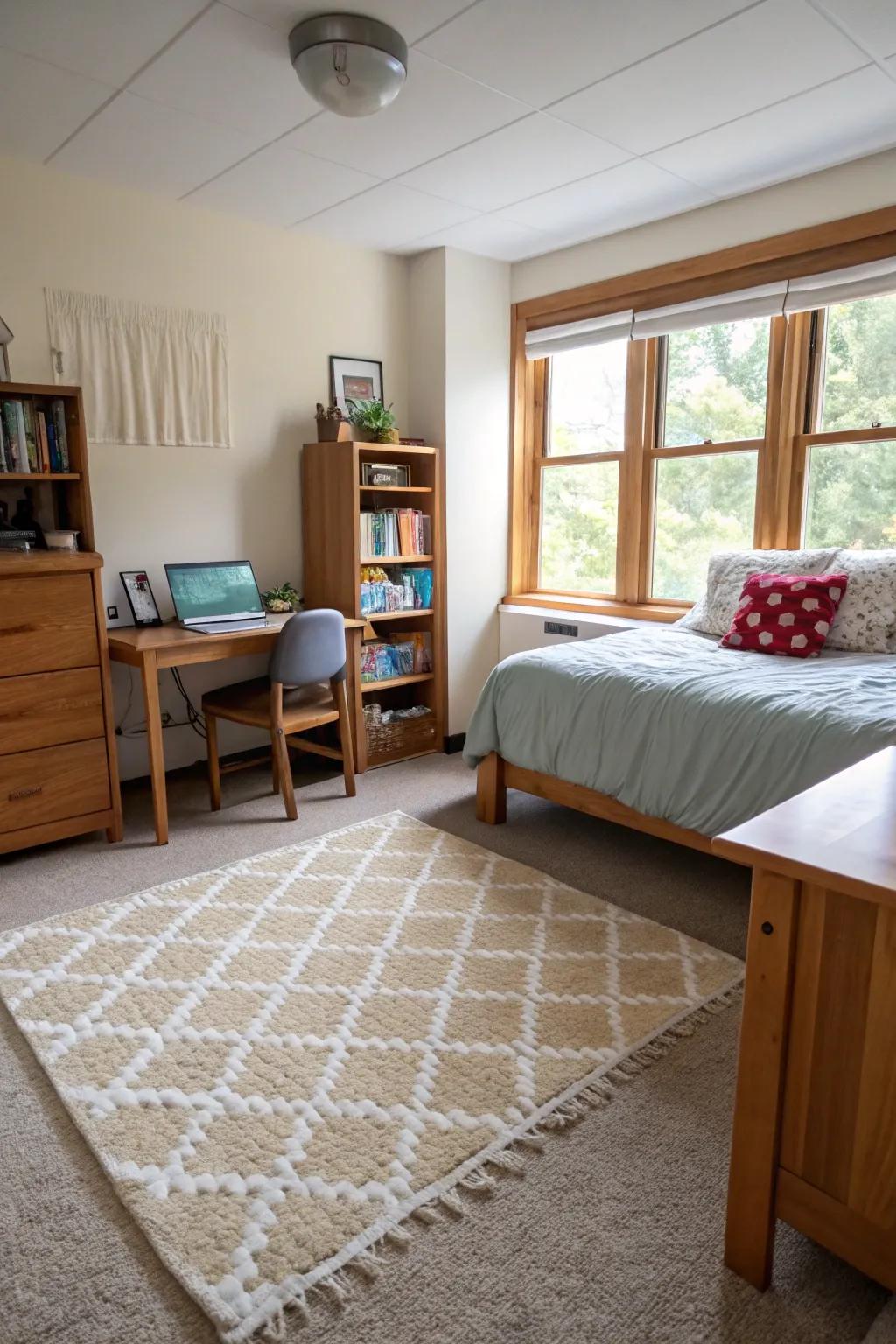 A cozy rug can transform a plain dorm floor.