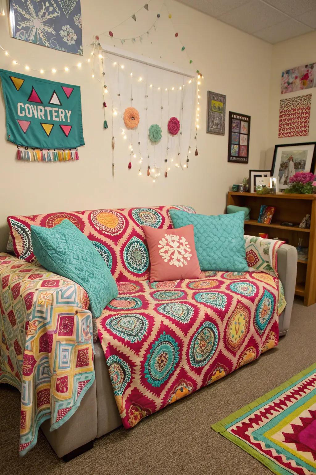 Unique sofa covers add a personal touch to this dorm room.