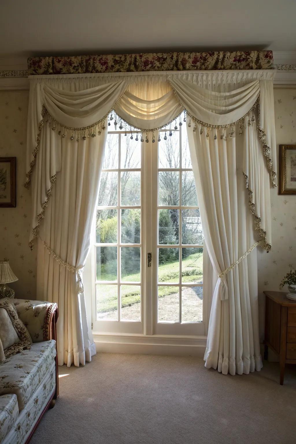 A decorative top treatment adds sophistication to these layered curtains.
