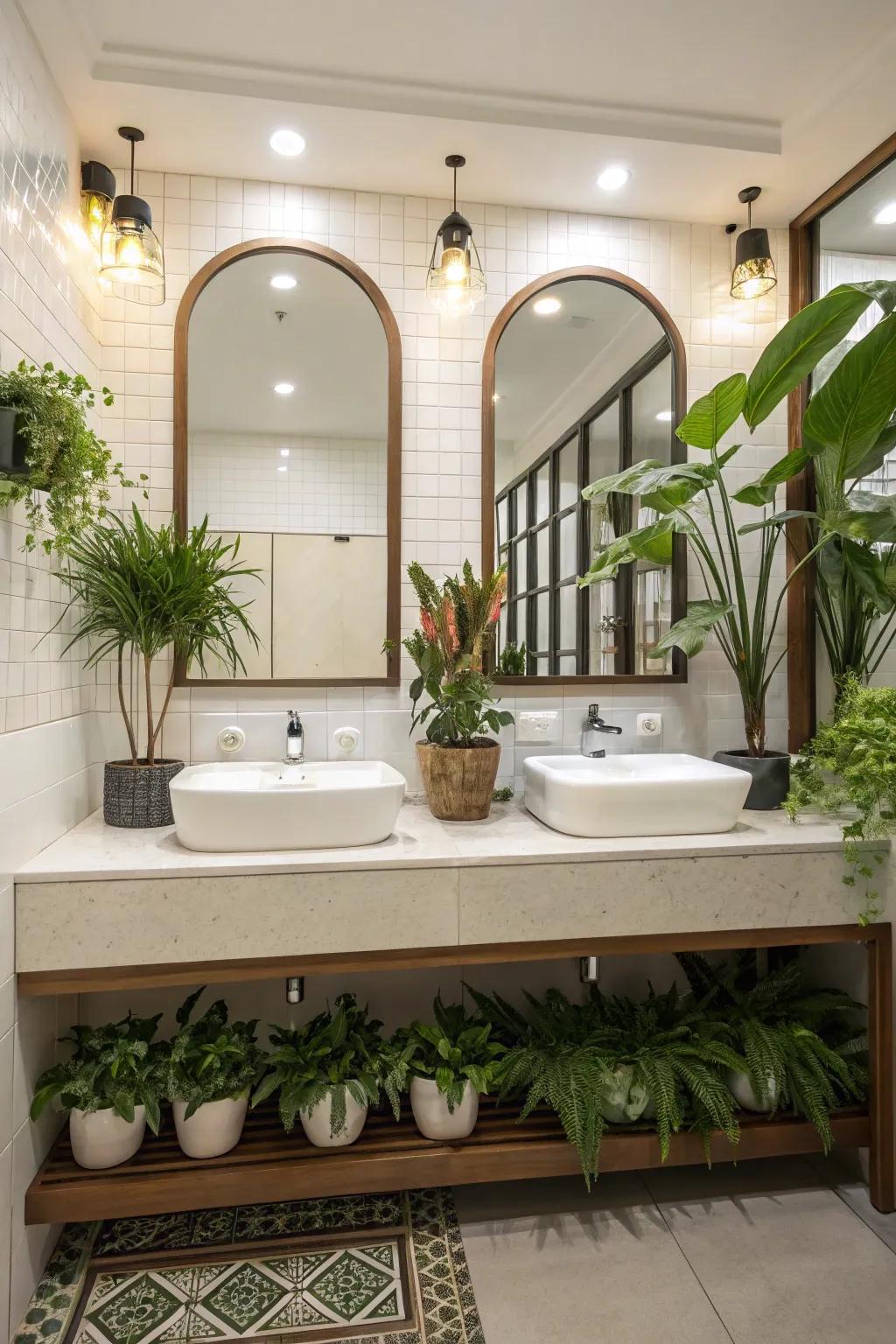 Decorative plants add a personal touch to the bathroom with double sinks.