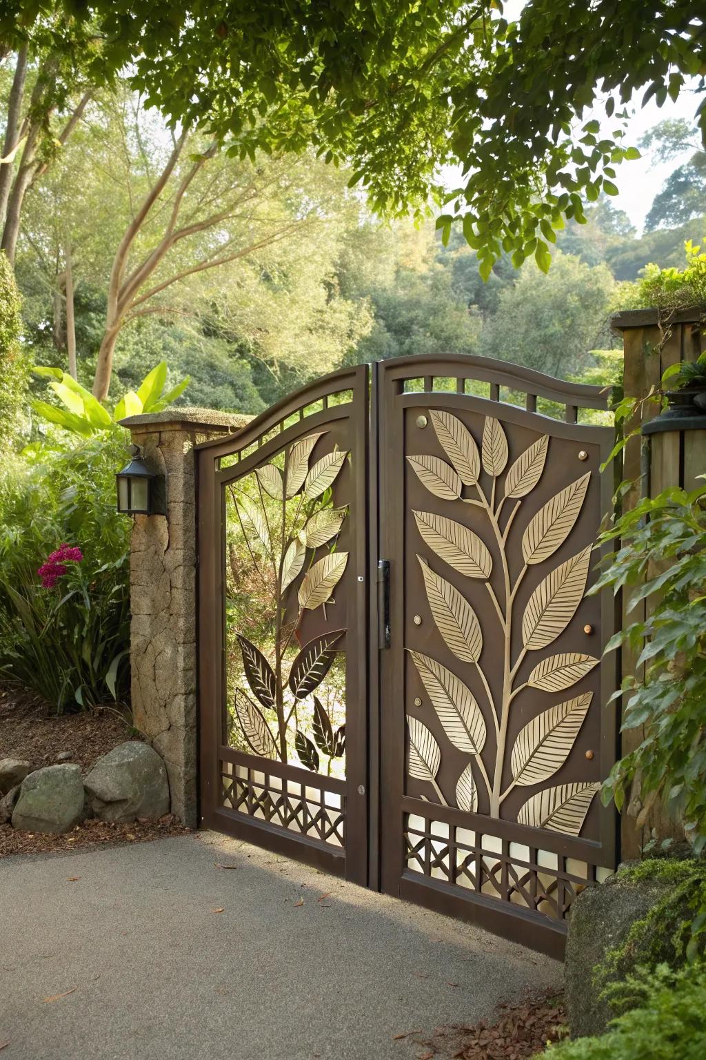 Artistic ornamental designs on a gate blending harmoniously with nature.