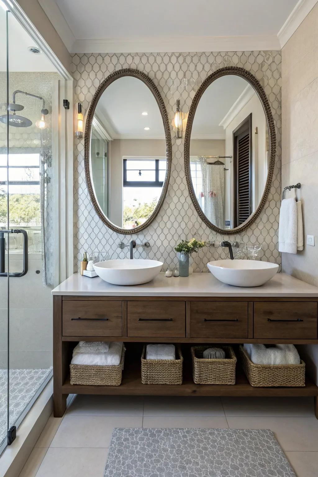 Unique mirror designs bring character to the vanity space.