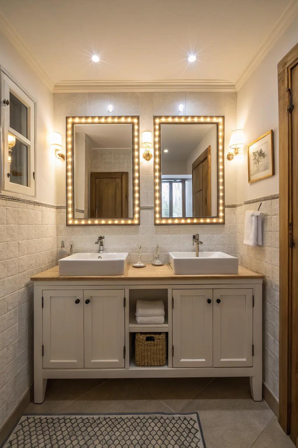 Backlit mirrors illuminate and add elegance.