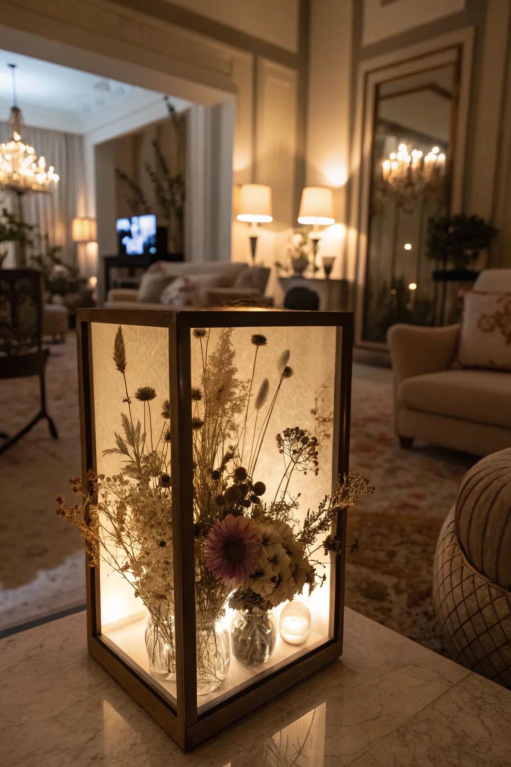 Light up your décor with a softly lit dried flower memory box.